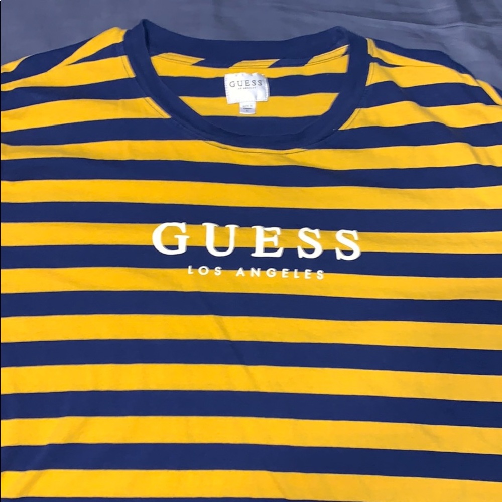 Guess stripper logo tee. Blue and yellow